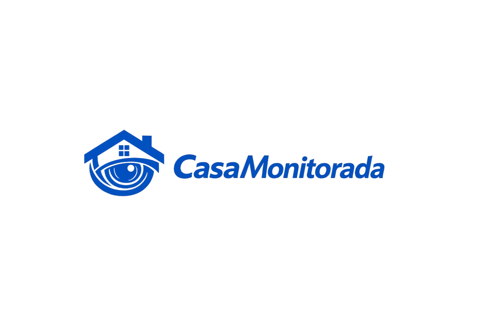 Logo da Casa Monitorada com uma casa azul estilizada e uma lente de câmera integrada, representando segurança residencial inteligente. Texto ‘CASA MONITORADA’ em azul a direita do ícone